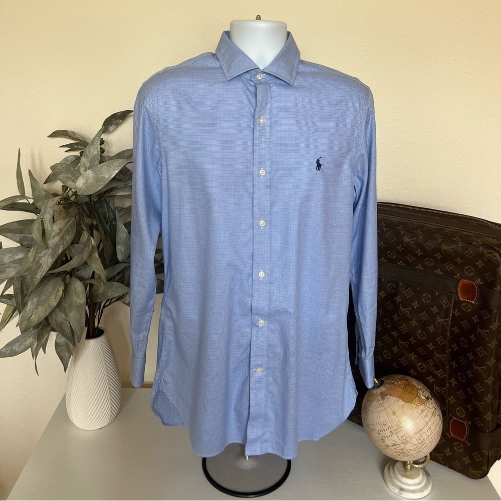 Like New Ralph Lauren Blue Plaid Print Button Up Shirt Sz 16 Neck 32/33